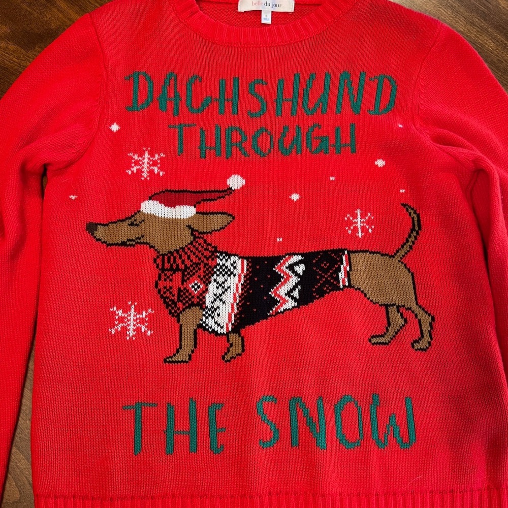 Belle du Jour Red Dachshund Through The Snow Christmas Holiday Sweater Small